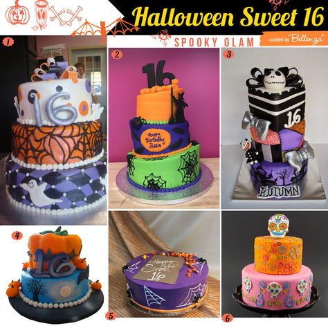 halloweensweet16-cakes Sweet 16 Halloween Cakes, Halloween Sweet 16 Party Ideas, Sweet 16 Halloween Party Ideas, Sweet 16 At Home, Black Table Setting, Halloween Sweet 16, Halloween Treat Bags Diy, 16th Birthday Cake, Sweet 16 Party Invitations