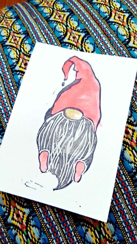 Gnome Linocut, Happy Tea, Print Christmas Card, Stamp Carving, Relief Printing, I Am Thankful, Red Headband, Handmade Stamps, Lino Cut