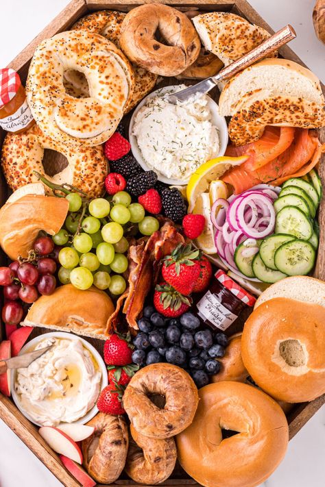 Bagel Breakfast Board • Bread Booze Bacon Bagel Breakfast Board, Bagel Board, Brunch Charcuterie Board, Bagel Brunch, Brunch Charcuterie, Breakfast Brunch Party, Breakfast Diner, Breakfast Charcuterie, Bagel Breakfast