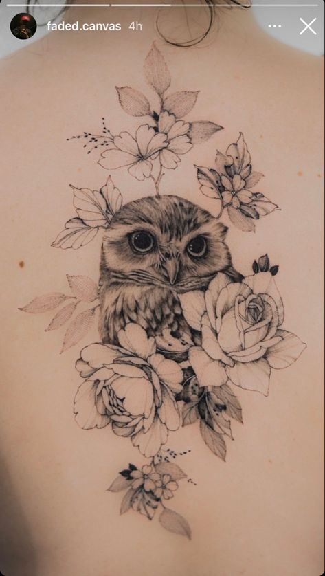 Feminine Owl Tattoo Half Sleeves, Roses And Chrysanthemums Tattoo, Half Owl Half Flower Tattoo, Owl Spine Tattoo, Womens Owl Tattoo, Pretty Owl Tattoo, Owl Tattoo For Women Back, Delicate Owl Tattoo, Owl Tattoo For Women Sleeve Forearm