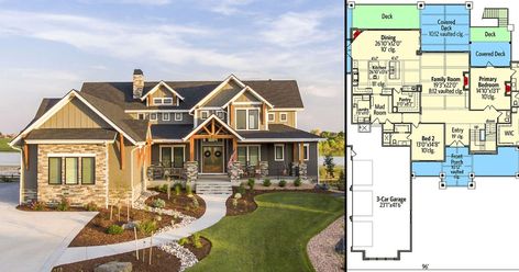 5-Bedroom 2-Story Craftsman Home with 4-Car Garage and Upstairs Office (Floor Plan) House Plans 5 Bedroom 2 Story, 2 Story 5 Bedroom House Plans, 6 Bedroom House Plans 2 Story, 5 Bedroom House Floor Plan 2 Story, 2 Story Craftsman, 6 Bedroom House Plans, Office Floor Plan, 5 Bedroom House Plans, In-law Apartment