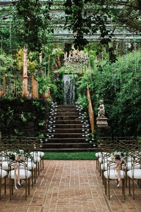 tropical wedding ceremony with romantic candlelight and glam chairs Tropical Wedding Venue, Haiku Mill Wedding, Destination Wedding Cost, Shades Of Mauve, Haiku Mill, Jungle Wedding, Wedding Venues Hawaii, Ooh Ahh, Hawaii Destination Wedding