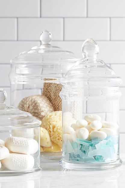 25 Bathroom Organizers Under $20 - Genius Bathroom Organization Ideas Dollar Store Bathroom Organization, Large Glass Canisters, Glass Bathroom Accessories, Bathroom Jars, Bathroom Canisters, Walk In Shower Designs, Glass Apothecary Jars, Glass Canisters, Glass Bathroom