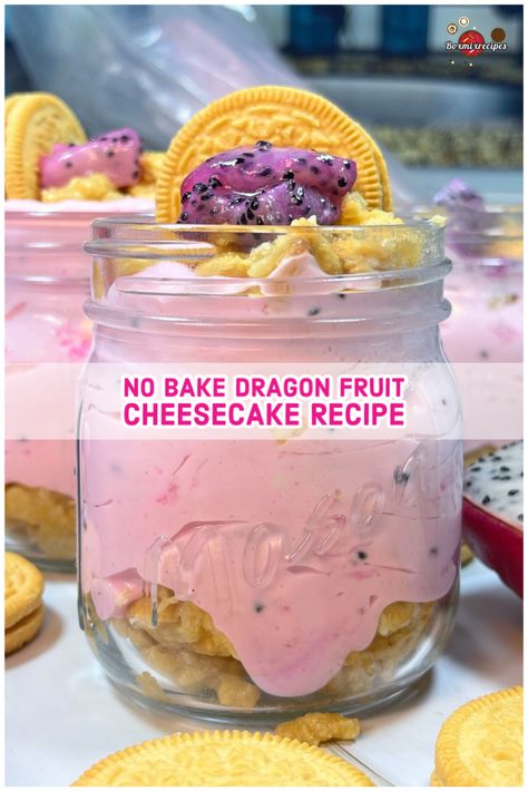 Recipe for No Bake Dragon Fruit Cheesecake Dragonfruit Cheesecake, Things To Make With Dragon Fruit, Dragonfruit Desserts, Recipes For Dragon Fruit, Dragon Fruit Cheesecake, Dragon Fruit Dessert Recipes, Dragon Fruit Jam Recipe, Dragon Fruit Cheesecake Recipes, Fruit Jam Recipes