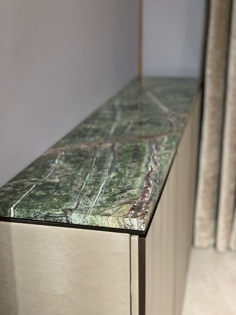 Radiator console in ultra leather and forest green marble and bronze trimming by Casa Botelho.  Discover at www.casabotelho.com Bathroom Green Marble, Green Marble Tv Unit, Green Marble And Walnut, Forest Green Marble, Green Marble Sink Bathroom, Rainforest Green Marble, Kitchen Units, Green Marble, Forest Green