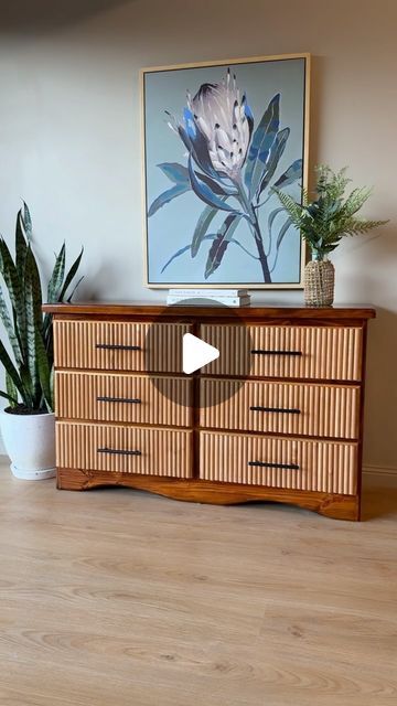 Jade Compston - Refinish With Jade on Instagram: "✨ ASMR Dresser Makeover✨

Ever looked at a piece of furniture and seen its hidden potential? That’s exactly what happened when I found this old dresser. 
I was determined to keep its beautiful timber look while adding some contemporary style. 😍

I decided to share this makeover with you through an ASMR video. 

Starting with a thorough clean and sanding. I then headed to @bunnings where I selected Tasmanian oak half round dowels to add a fluted design to the drawer fronts. 

After adding the timber I stained the whole piece a rich oak stain and then mixed a little bit of stain in with a clear satin varnish. I applied three coats, each stroke adding to the piece’s elegance and durability.🤗

The finishing touches were pure magic—installing Hidden Potential, Furniture Flips, Tasmanian Oak, Old Dressers, Dresser Makeover, Oak Stain, Asmr Video, Flipping Furniture, Drawer Fronts