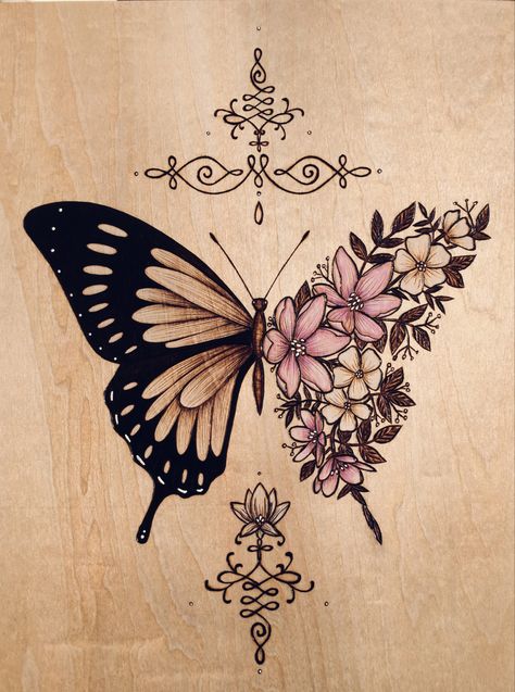 pyrography art by @ KMF_art on insta and twitter. Boho Pyrography, Pyrography Art Woodburning, Butterfly Pyrography, Pyrography Flowers, Pyrography Ideas Inspiration, Pyrography Patterns Printable, Pyrography Patterns Free, Woodburning Art, Pyrography Ideas