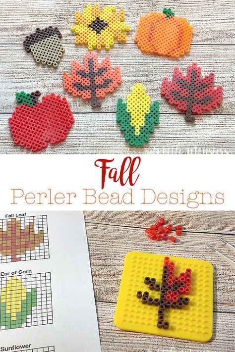 6 fall themed Perler Bead/fuse bead designs. Designs include a leaf, pumpkin, acorn, corn, apple, and sunflower. Free printable PDF version of the graphs available. Fall Leaf Perler Bead Patterns, Free Fuse Bead Patterns, Acorn Perler Beads, Perler Bead Leaf Pattern, Perler Bead Fall Leaves, Perler Beads Fall Patterns, Pumpkin Bead Craft, Pumpkin Pearler Bead, Perler Beads Thanksgiving