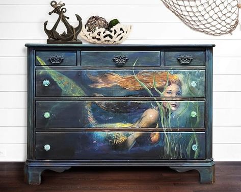 SOLD Carnival Glass Vanity Table With Mirror Foyer Table - Etsy Mystical Mermaid, Hand Painted Dressers, Decoupage Tissue Paper, Painted Dresser, Beautiful Mermaids, Decorative Paper, Custom Hand Painted, Decoupage Paper, Sea And Ocean