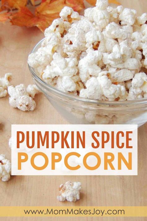 This pumpkin spice popcorn is super quick to throw together and tastes like fall in your mouth! Perfect for just a snack or a dessert to pair with a movie! | Fall treat | Mom Makes Joy Pumpkin Pie Spice Popcorn, Pumpkin Spice Popcorn, Pumpkin Popcorn, Spiced Popcorn, Pumpkin Eater, Popcorn Balls, Fall Snacks, Flavored Popcorn, Snacks To Make