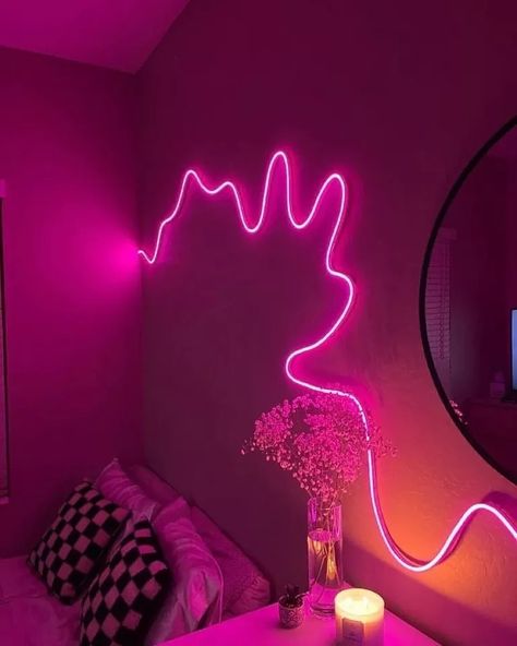 Neon Strip Lights - LED Strip Light for home decor - Single Color LED Strip - DI | eBay Led Signs Living Room, Curvy Led Light On Wall, Dorm Room Led Signs, Lwd Lights, Room Decor Bedroom Aesthetic Led Lights, Apartment Bedroom Decor Pink, Cool Lighting Bedroom, Neon Pink Room, Vaporwave Bathroom