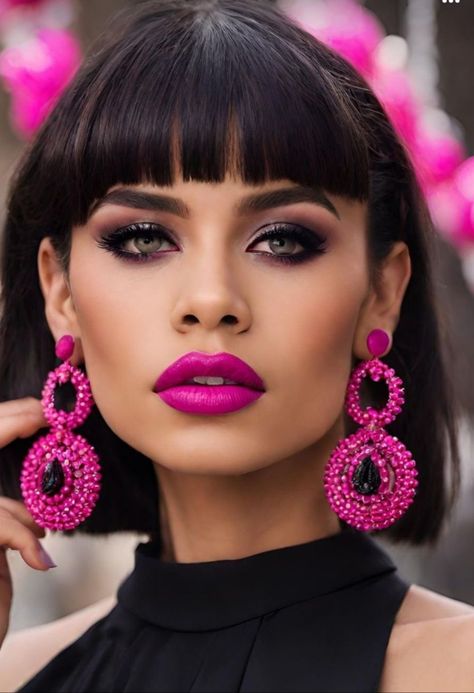 Fushia Dress Makeup, Hot Pink Lipstick Makeup Look, Makeup With Pink Lips, Makeup Ideas For Black Dress, Dark Lipstick Shades, Megan Fox Makeup, Black Pink Dress, Turquoise Eyeshadow, Pink Lipstick Makeup