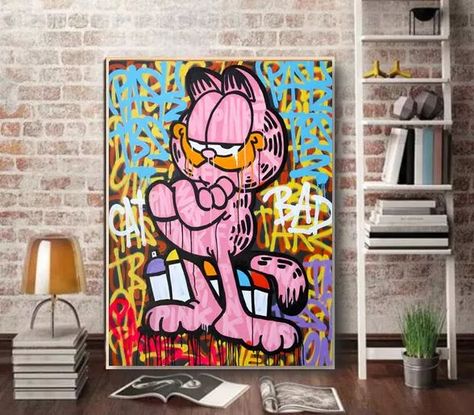 Street Art Canvas Painting, Graffiti Painting On Wall, Graffiti Artwork Inspiration, Pink Garfield, Graffiti Painting On Canvas, Graffiti On Canvas, Cartoon Canvas Art, Street Art Canvas, Graffiti Canvas Art