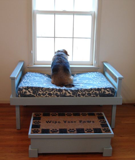 a dog has to have a window seat too! and a bench to get up on the window seat if they are short and fat Dog Window Perch, Dog Window Seat, Corner Dog Bed, Nosey Neighbors, Katt Diy, Pallet Dog Beds, Extra Large Dog Bed, Diy Pet Bed, Diy Dog Crate