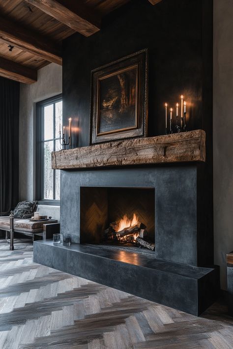 large wood mantle dark slate fireplace Large Room With Fireplace, Back Lit Fireplace, Fire Balls For Fireplace Stone, Fireplace Wall With Wood Storage, Concrete Fireplace With Built Ins On Both Sides, Slate Fireplace With Wood Mantel, Large Faux Fireplace, Metal Clad Fireplace, Wide Gas Fireplace