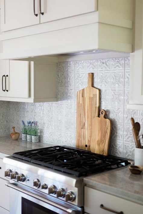 Gray Tin Kitchen Backsplash Tiles - Cottage - Kitchen Tin Tile Backsplash Kitchen, Mirrored Kitchen Backsplash, Cottage Backsplash, Pressed Tin Backsplash, Ceiling Tile Backsplash, Tin Ceiling Backsplash, Tin Tile Backsplash, Vintage Tin Tiles, Tin Backsplash Kitchen