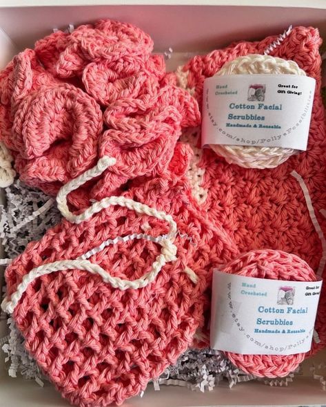 Crochet Rose  Spa Set. These are new and Handmade . This 9 piece spa set is Rose trimmed in White  color. All is made of 100 % Cotton yarn. The gift set comes with a:  Facial Cloth which is 9x9 Facial Scrubbies -6 - 3 of Rose and 3  White   and  are 3 inch round Soap Saver is 6x5 Shower Puff or called Bath Pouf The white gift box is 10x10  The gifts set comes in a white gift box tied with a white ribbon that is already to gift to that special person. This is a crochet spa set that can be used ev Crochet Spa Set, Crochet Towel Holders, Facial Cloths, Shower Puff, Face Scrubbies, Towel Holders, Crochet Towel, Gifts Set, Spa Set