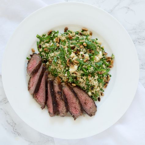 Striploin Steak with Couscous, Spinach & Feta Salad Spinach Feta Salad, Striploin Steak, Feta Salad Recipe, Creamy Feta, Spinach Feta, Couscous Recipes, Steak Salad, Fresh Spinach, Large Salad Bowl