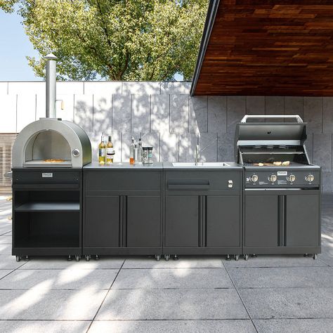 Black Outdoor Kitchen, Outdoor Kitchen Island Ideas, Grill Station Ideas, Simple Outdoor Kitchen Blackstone, Lowes Outdoor Kitchen, Outdoor Kitchen Modular, Outdoor Kitchen Freestanding Grill, Outdoor Kitchen Griddle Built Ins, Outdoor Grill Island