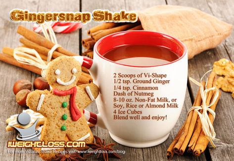 Gingerbread ViSalus Shake Recipe: 2 Scoops of Vi-Shape - 1/2 tsp. Ground Ginger - 1/4 tsp. Cinnamon - Dash of Nutmeg - 8-10 oz. Non-Fat Milk, or Soy, Rice or Almond Milk, 4 Ice Cubes - Blend well and enjoy! Bariatric Lifestyle, Protein Drink Recipes, Pancakes Protein, Protein Shake Recipe, Premier Protein Shakes, Best Protein Shakes, Herbalife Shake Recipes, Protein Smoothies, Protein Shake Smoothie