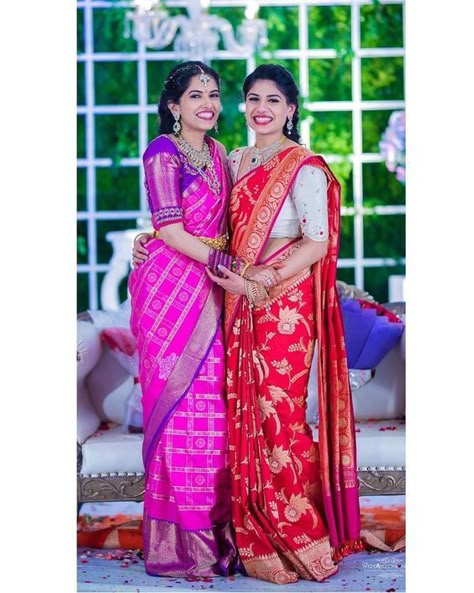 Red Kanjeevaram Saree, Sisters Before Misters, Chiffon Blouses Designs, Saree With Contrast Blouse, South Indian Blouse Designs, Blouse Images, Bridal Sarees South Indian, Saree Blouse Neck Designs, Wedding Saree Collection