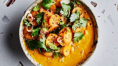 Spiced Coconut Carrot Soup Recipe | Bon Appetit Puréed Soups, Carrot Soup Recipes, Pureed Soup, Crispy Chickpeas, Cooked Carrots, Carrot Soup, Carrot Recipes, Healthy Soup Recipes, Vegetarian Recipes Healthy