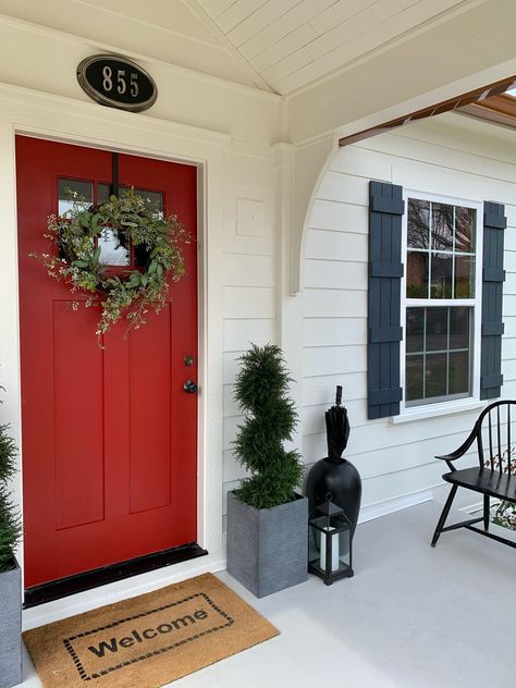 We Finished Painting the Exterior of The Downtown Cottage! — The Property Lovers Homes With Red Doors, Heritage Red Front Door, Red Doors On Houses, Benjamin Moore Caliente, Red Exterior House Colors, White House Red Door, House With Red Door, Red Door House, Cape Cod House Exterior