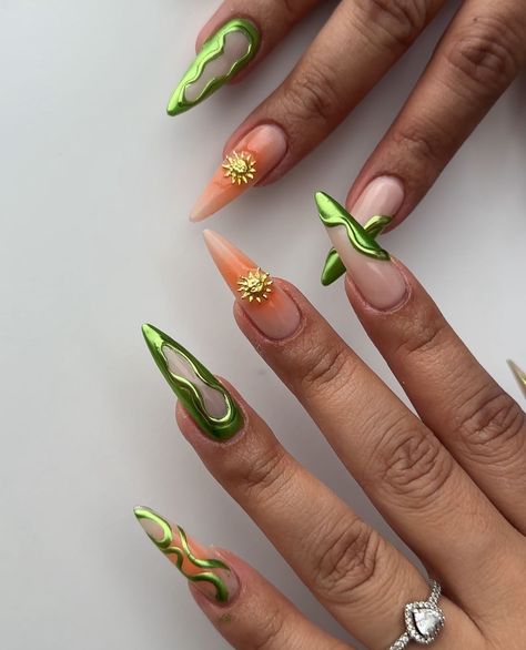 @/nailskiezzbyclari on ig Leo Season Nails, Italy Inspired Nails, Shrek Nails, Edgy Nails, Her Nails, Classy Acrylic Nails, Pink Nail, Fire Nails, Funky Nails