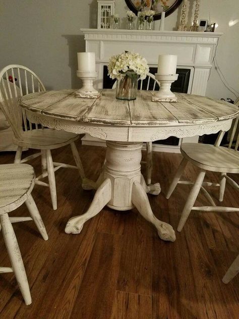 Round Painted Table Ideas, Small Round Farmhouse Table, Painted Kitchen Table And Chairs Ideas, Kitchen Table And Chairs Farmhouse, Redoing Kitchen Table And Chairs, Round Farmhouse Kitchen Table, Distressed Kitchen Tables, Shabby Chic Kitchen Table, Round Farmhouse Table