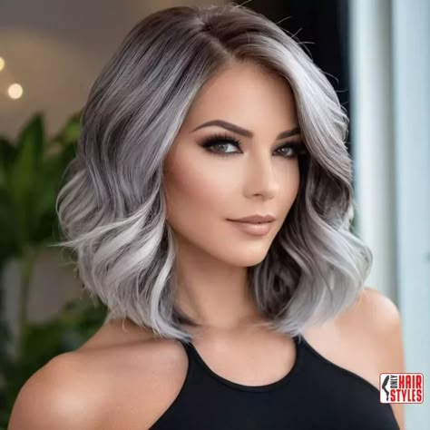 Hair Color To Incorporate Gray, Short Gray Blonde Hair, Short Hair Gray Color, Grey Colored Hair For Women, Hair Color Smokey Grey, Platinum With Dark Lowlights, Gray Hair With Lowlights, Ashy Gray Hair, Silver Hair Bob