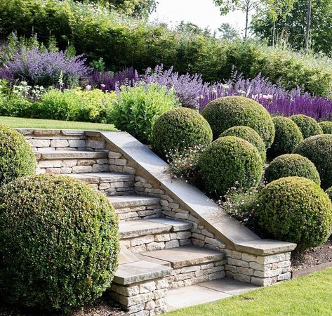 Sims Hilditch Interiors (@simshilditch) • Instagram photos and videos Cotswolds Garden, Cotswold Extension, Outdoor Stone Steps, Garden Slope, Cotswold Garden, Sims Hilditch, French Country Exterior, Topiary Garden, Tiered Garden