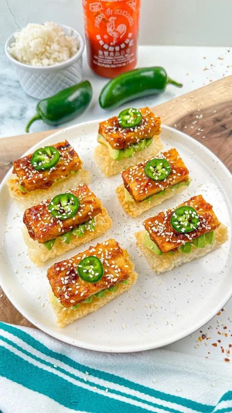 Crispy Rice Bites with Sticky Tofu - That Vegan Babe Air Fried Rice, Rice Bites, Sticky Tofu, Yogurt Drink, 20g Protein, Peanut Butter Banana Smoothie, Banana Peanut Butter, Meal Inspiration, Crispy Rice