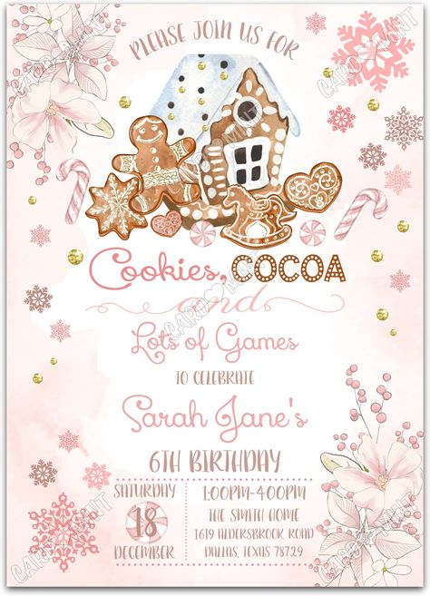 Quickly personalize. Includes matching thank you card.   Host a successful birthday party starting with this winter cookies & cocoa pink invite!   You can edit this product yourself, during and/or after purchase. Print or send as an Evite.  Image watermarks will be removed after purchase.  The dimensions are 5"x7". Christmas Cookie Invitation, Christmas Candy Birthday Party, Winter Wonderland 2nd Birthday Party, Christmas Birthday Party Invitations, Winter Birthday Party Ideas For Kids, Winter Birthday Party Themes, Girly Christmas Party, Winter Birthday Theme, December Birthday Party Ideas