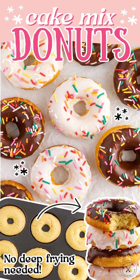 Cake Mix Flavors, Cake Mix Doughnuts, Cake Mix Donuts Recipe, Donut Maker Recipes, Cake Doughnuts Recipe, Mini Donut Recipes, Cake Mix Donuts, Homemade Cake Mixes, Doughnut Recipe Easy