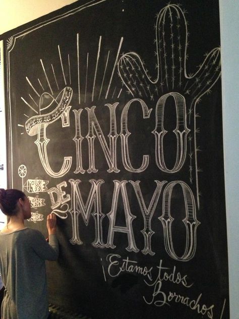 Cinco de Mayo chalk design by Carolina Ro #chalk #cincodemayo # Fiesta Chalkboard Art, Chalkboard Bar, Chalkboard Wall Art, Chalkboard Doodles, Chalkboard Fonts, Blackboard Art, Chalk Sign, Chalk Design, Chalk Wall