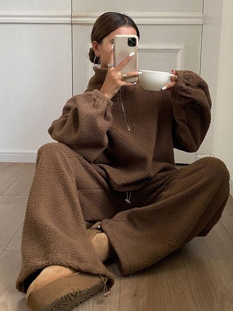 Coffee Brown  Collar   Plain  Embellished Slight Stretch Fall/Winter Women Clothing Matching Set Comfy, Cozy Fall Fits, Cute Cozy Outfits Lazy Days, Fall Pyjamas, Cute Fits For Winter, Cozy Winter Outfits Lazy Days, Chemo Clothes, Winter Lounge Outfit, Comfy Gifts