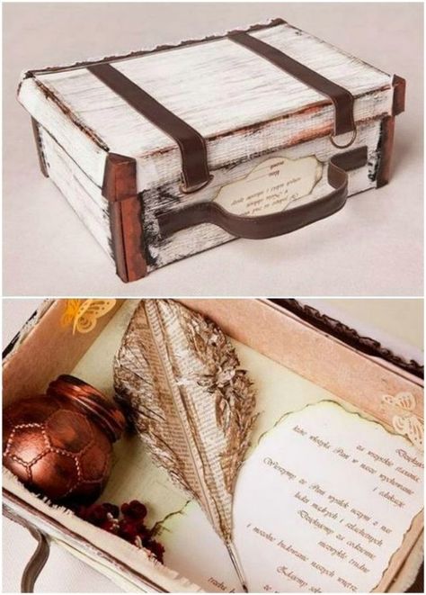 Suitcase/Memory Box: from a shoe box, like the way this is done as a suitcase, with leftover strips of leather, painted/ distressed --- Great idea for gifts, memories, collections too precious to throw away & not able to be displayed, things needed for a project, spell box, etc. Shoe Box Art, Memories Box Diy, Shoe Box Crafts, Diy Box Crafts, Anniversaire Diy, Old Suitcases, Glitter Slime, Unique Gift Wrapping, Professional Gifts