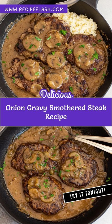 Craving a savory side that complements your steak perfectly? This Onion Gravy Smothered Steak Recipe brings the ultimate blend of flavors to your dining experience. Save this recipe to elevate your next steak dinner and create unforgettable moments around the table! Onion Gravy Smothered Steak, Smothered Cube Steak Recipes, Beef Strip Steak Recipes, Smothered Steak And Gravy, Chuck Tender Steak Recipes, Beef Steak Recipes Easy, Baked Steak Recipe, Chuck Steak Recipe, Sliced Steak Recipes