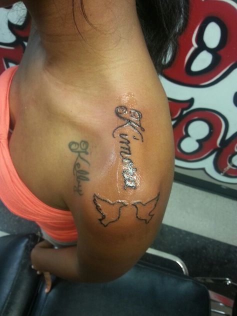 Kelby and Kimora and two doves *my kids names* Tattoo Of Your Childs Name, Dove With Name Tattoo, Hearts With Names Tattoos, Tattoos Of Children’s Names, Unconditional Love Tattoo With Names, Name Tattoo, Name Tattoos, Fish Tattoos, Jesus Fish Tattoo