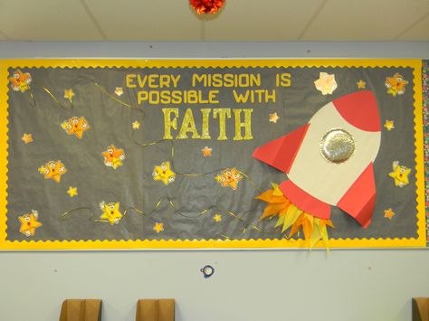 Large religious bulletin board Vbs Stellar, Space Bulletin Boards, Religious Bulletin Boards, Vbs Space, Space Vbs, Bible Bulletin Boards, Stellar Vbs, Space Theme Classroom, Vacation Bible School Craft