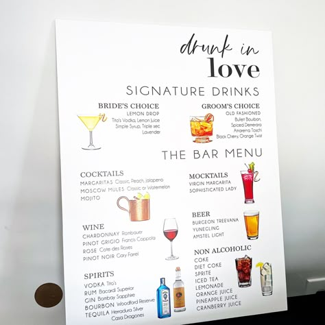 Simple Wedding Bar Drinks, Wedding Drinks Menu Ideas, Fun Wedding Cocktails, Drunk In Love Wedding Bar, Simple Signature Wedding Drinks, Drink Menu Wedding Bar Signs, Drunk In Love Bar Sign, Wedding Bar Menu Ideas, Wedding Drink Menu Sign