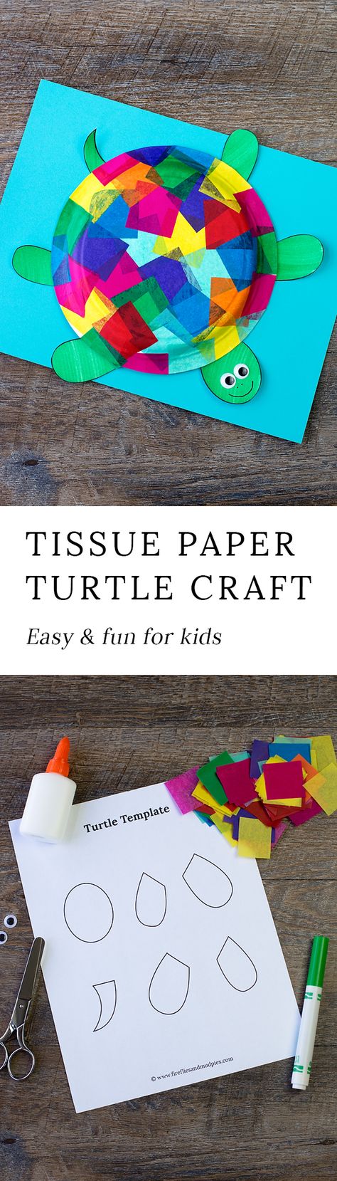 This easy and fun Tissue Paper and Paper Plate Turtle craft includes a free printable template, making it perfect for home, school, daycare, or camp. via @https://www.pinterest.com/fireflymudpie/ Paper Plate Turtle, Turtle Craft, Turtle Crafts, Tissue Paper Crafts, Paper Decor, Daycare Crafts, Paper Plate Crafts, Plate Crafts, Camping Crafts