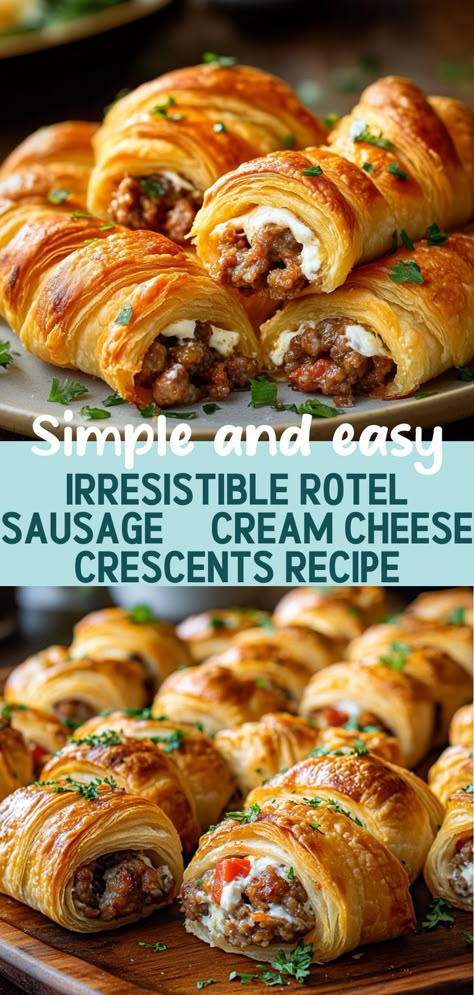 Looking for a crowd-pleasing appetizer that’s easy to prepare? Try these mouthwatering Rotel Sausage & Cream Cheese Crescents! With flaky crescent dough enveloping a creamy filling of seasoned sausage, cream cheese, and zesty Rotel tomatoes, these bites are perfect for parties, game days, or family gatherings. Just a few simple ingredients come together to create a savory treat that will have everyone asking for the recipe. Bake them up and watch them disappear! Crowd Pleasing Recipes Parties Food, Pull Apart Bread Appetizer, Sausage Cream Cheese Crescents, Crescent Sausage Bites, Sausage Crescent Rolls, Sausage And Cream Cheese, Class Snacks, Cream Cheese Breakfast, Rotel Recipes