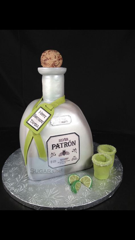 Patron bottle and shot glass birthday cake Liquor Bottle Cake, Tequila Cake, Margarita Cake, Birthday Cake For Husband, Bottle Cake, Cake For Husband, Patron Tequila, Cake Wrecks, 30 Birthday Cake