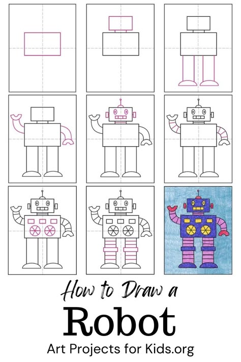 Learn how to draw a Robot with an easy step-by-step PDF tutorial. #howtodraw #tutorial #drawing #drawingtutorial #arttutorial #artprojectsforkids #howtodrawforkids #robot How To Draw A Robot Step By Step, How To Draw Robots Step By Step, Robot Drawing Easy, Draw Robot, How To Draw Using Shapes, How To Draw A Robot, Draw Step By Step, Robot Drawing, Steam Activities Elementary