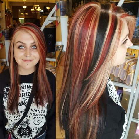 Chunky Multi Colored Highlights, Tri Color Chunky Highlights, Multi Color Hair Dye Ideas, Red Black And Blonde Hair, Highlight Hair Ideas, Calico Hair, Types Of Hair Color, Red Hair Looks, Red Hair With Highlights