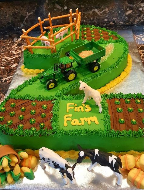 Tractor Birthday Cakes, Farm Birthday Cakes, John Deere Birthday, Tractor Cake, Tractor Birthday Party, 5th Birthday Cake, Farm Theme Birthday, Farm Animals Birthday Party, Farm Themed Birthday Party