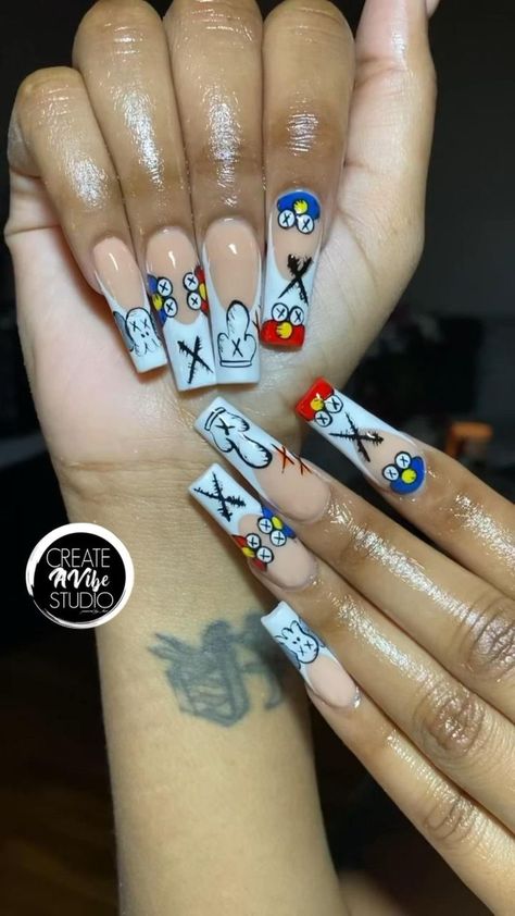 Kaws Nails, Occasion Nails, Pedicure Manicure, Baddie Nails, Dope Nail Designs, Short Square Acrylic Nails, Long Acrylic Nails Coffin, Design Nails, Unique Acrylic Nails