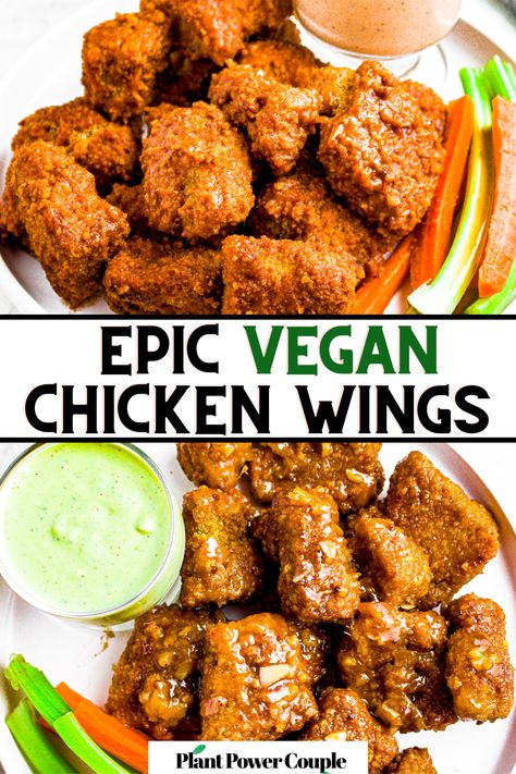 Two overhead photos of a round white plate piled high with saucy tofu wings with text reading: epic vegan chicken wings Vegan Chicken Wings, Vegetarian Wings, Gluten Free Chicken Wings, Frozen Tofu, Tofu Wings, Vegan Crisp, Vegan Superbowl Food, Air Fryer Tofu, Vegan Super Bowl