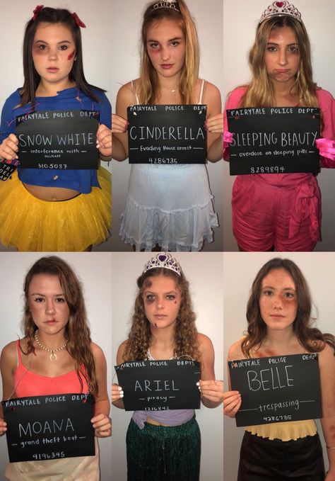 Cute Princess Costumes For Women, Princess In Jail Halloween Costume, Last Mi Ute Halloween Costumes, Cute Halloween Costumes From Movies, Disney Princess Costume Party, Brunette Halloween Costumes Group, Arrested Princess Halloween Costume, Disney Princess Jail Costume, Disney Princess Crimes Halloween